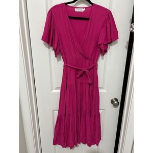 Petal & Pup Fuchsia Pink Tiered Flutter Sleeve Midi Wrap‎ Dress Size L